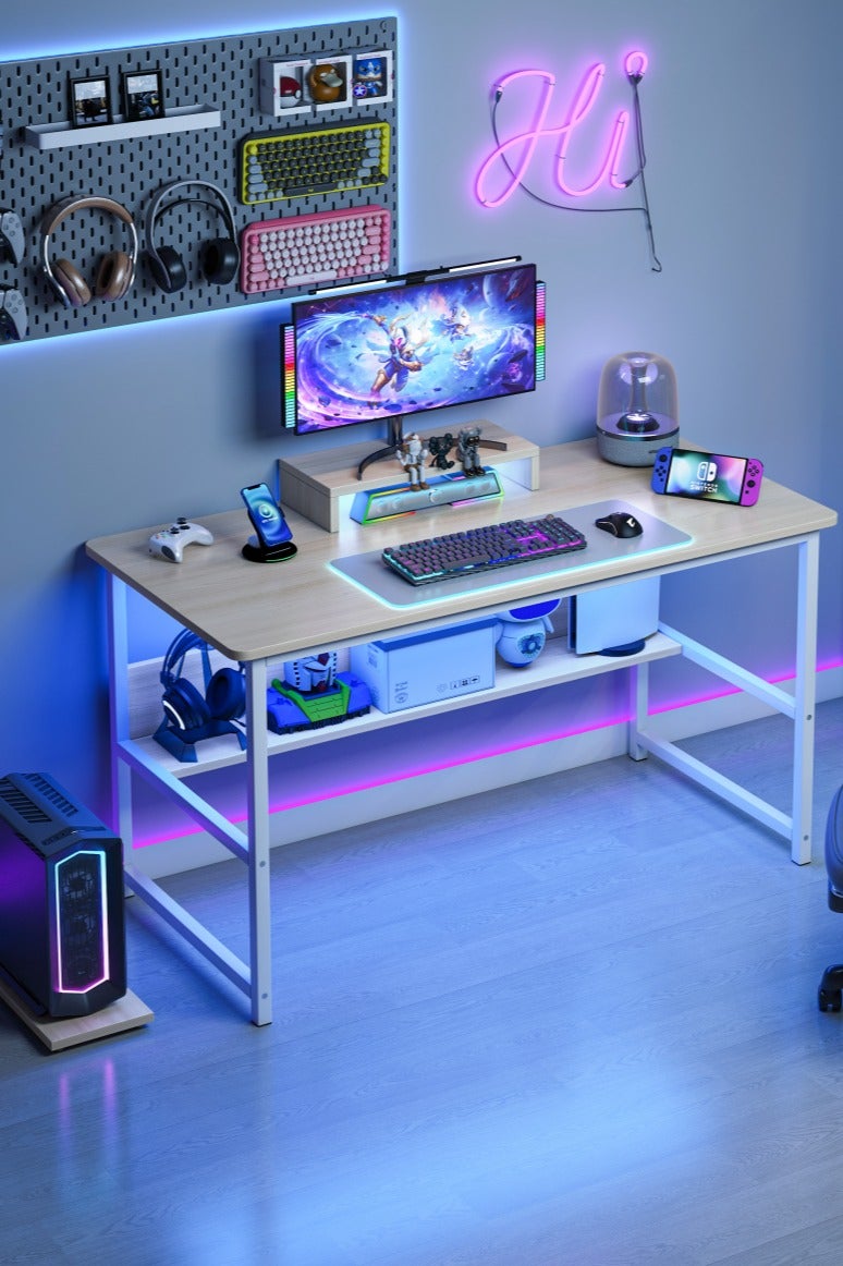 Shofenkei Computer Desk for Home Office, Gaming Table Writing Study Desk,Simple Style Student Study Table with Stand Shelf (Light Walnut, 110*50*72 cm)  - Image 1