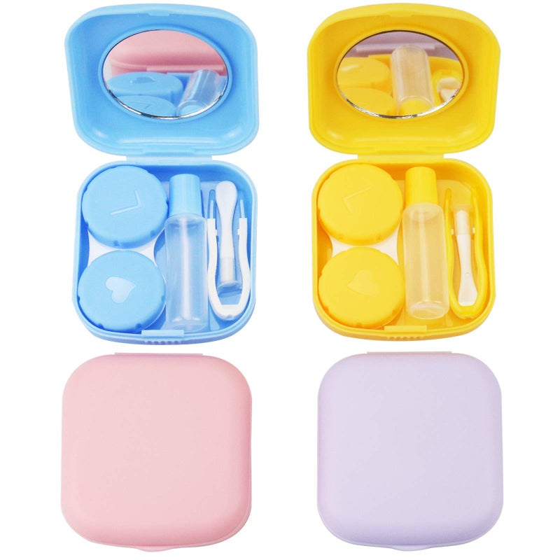 QVVQ 4PCS Contact Lens Case Colorful Contact Lens Box Holder Container Outdoor Mini Contact Lens Soak Storage Kit With Mirror For TravelHome Yellow Pink Blue Purple
