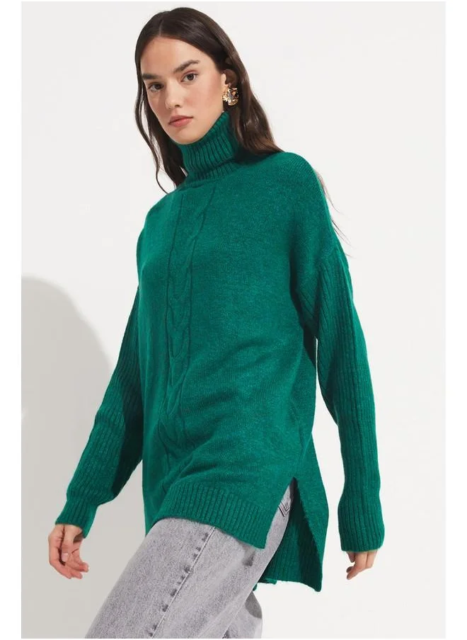 JUNE June Knitted Detailed Turtleneck Sweater Green