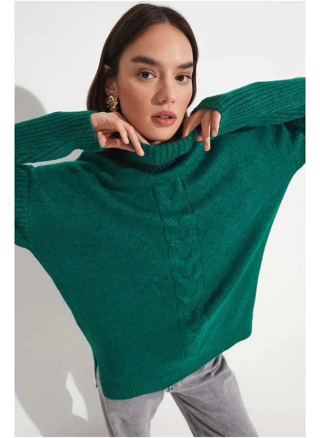 جون June Knitted Detailed Turtleneck Sweater Green