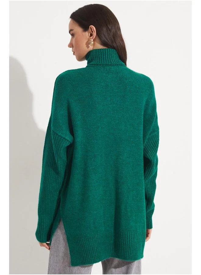 JUNE June Knitted Detailed Turtleneck Sweater Green