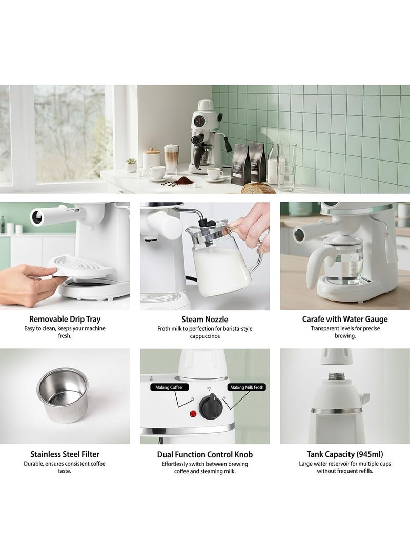 Sachi 3.5-Bar Espresso Coffee Maker, 2-4 Cups 240ml, Cappuccino & Latte Machine, Steam Frother, Stainless Steel Filter, 800W - Image 2