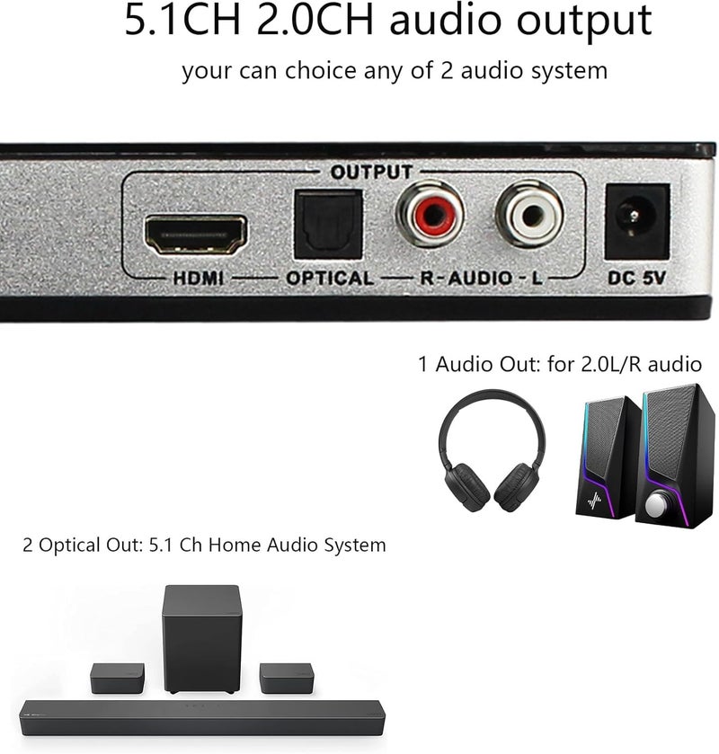 atdaraz HDMI Audio Extractor Splitter,HDMI Switch 4 in 1 Out,4K 60Hz 5.1/2.0CH ARC/eARC Home Theater AV,RCA Optical Output for Soundbar Xbox PS5 TV Dolby Atmos DTS HDCP2.2 HDR - Image 3