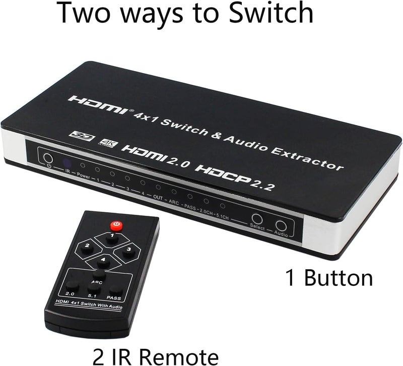 atdaraz HDMI Audio Extractor Splitter,HDMI Switch 4 in 1 Out,4K 60Hz 5.1/2.0CH ARC/eARC Home Theater AV,RCA Optical Output for Soundbar Xbox PS5 TV Dolby Atmos DTS HDCP2.2 HDR - Image 2