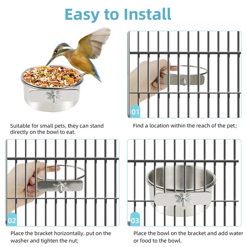 yuntop 2 Pack Stainless Steel Bird Bowls for Cage Parrot Food Water Bowl Bird Feeding Dish Cups Parrot Food Water Feeder Pet Hanging Bowl Crate Coop Cups with Clamp Holder for Small Animal Dog Parakeet - Image 5