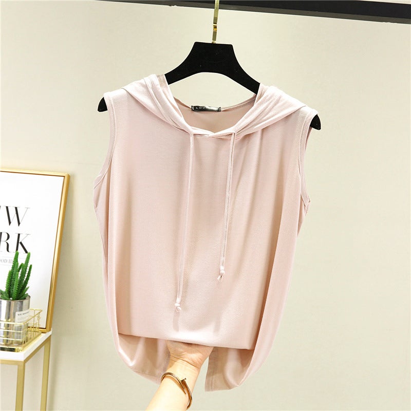 Modal Hooded T-Shirt Women'S Summer Thin Loose Large Size Sleeveless Base Shirt Casual Home Vest Sunscreen Top - Image 1