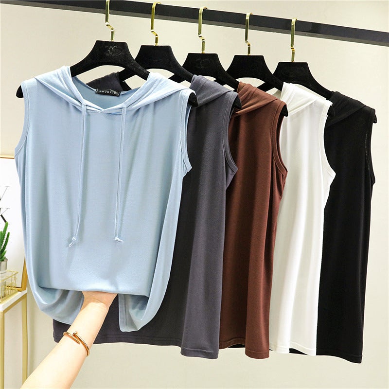 Modal Hooded T-Shirt Women'S Summer Thin Loose Large Size Sleeveless Base Shirt Casual Home Vest Sunscreen Top - Image 3