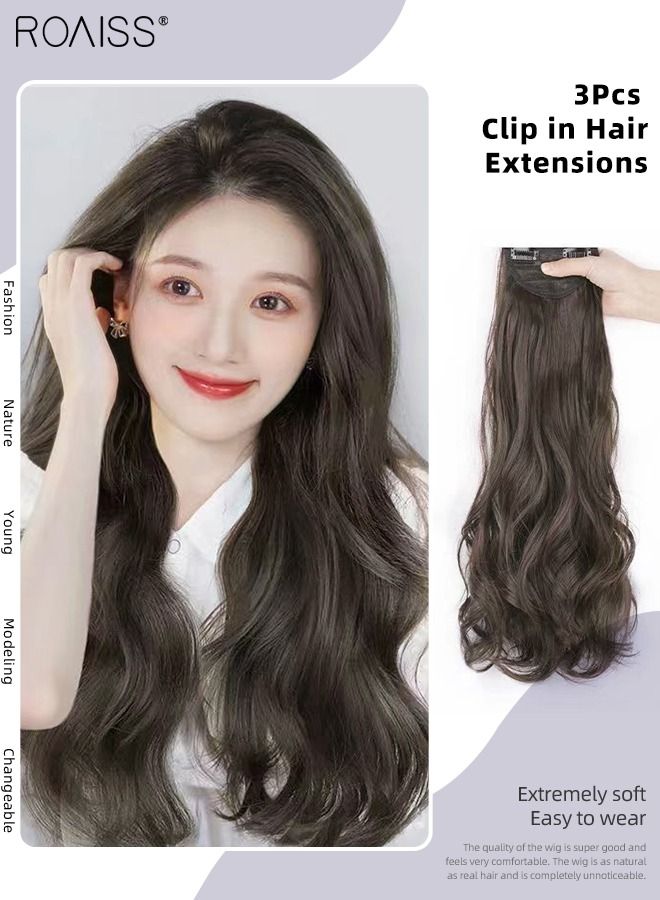 رويس 3 قطع من وصلات الشعر بالمشابك، وصلات شعر صناعية طويلة مموجة غير مرئية قابلة للتعديل ومقاومة للحرارة للفتيات والنساء، بني أسود، 60 سم - Image 1