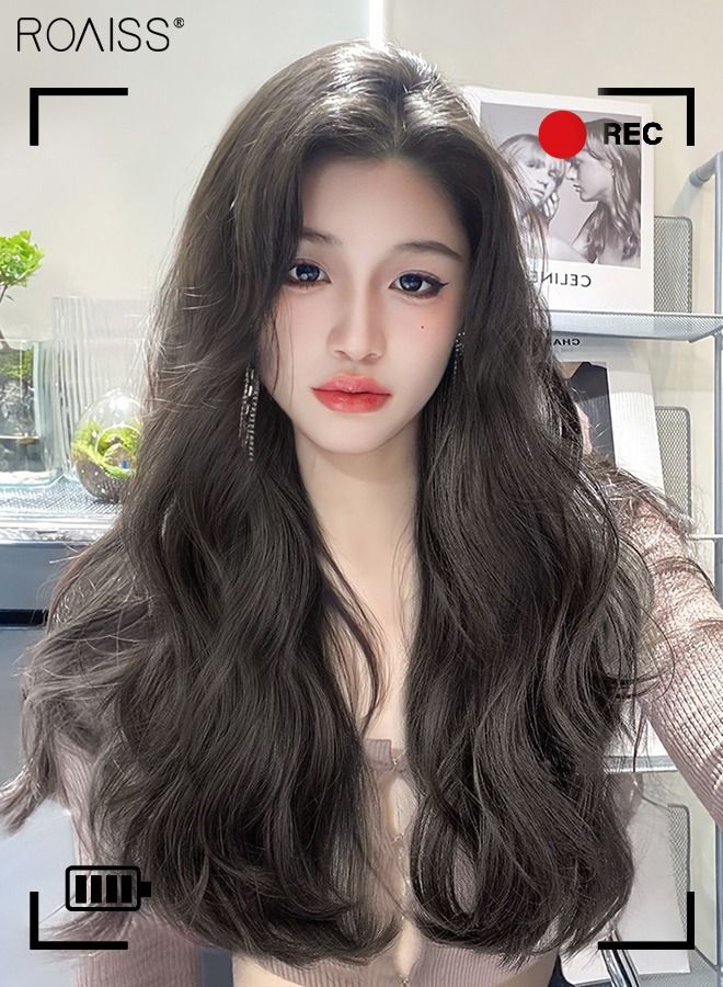 رويس 3 قطع من وصلات الشعر بالمشابك، وصلات شعر صناعية طويلة مموجة غير مرئية قابلة للتعديل ومقاومة للحرارة للفتيات والنساء، بني أسود، 60 سم - Image 2