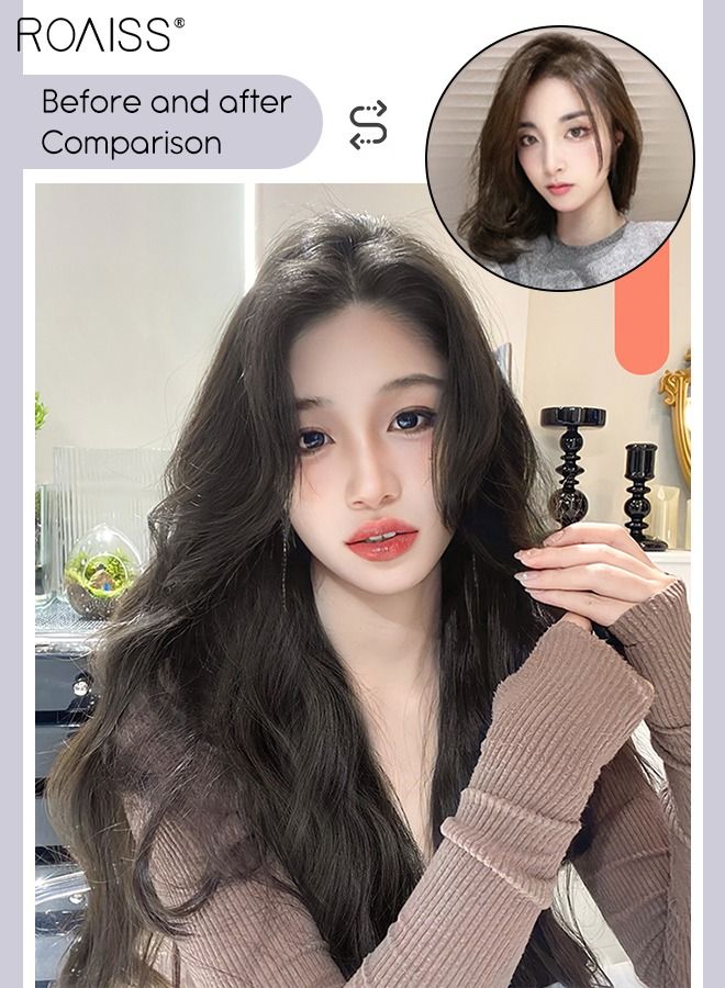 رويس 3 قطع من وصلات الشعر بالمشابك، وصلات شعر صناعية طويلة مموجة غير مرئية قابلة للتعديل ومقاومة للحرارة للفتيات والنساء، بني أسود، 60 سم - Image 4