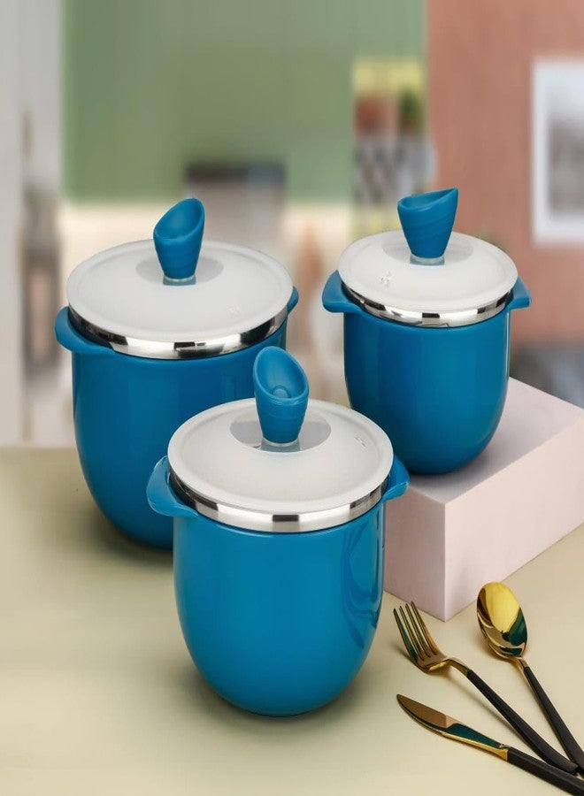 Clazkit وعاء تقديم خفيف الوزن من كلازكيت، وعاء سلطة بغطاء بلاستيكي، وعاء خلط من الفولاذ المقاوم للصدأ للسلطات والوجبات الخفيفة والشوربات والحلويات، طقم من 3 قطع - أزرق، 2400 مل - Image 2