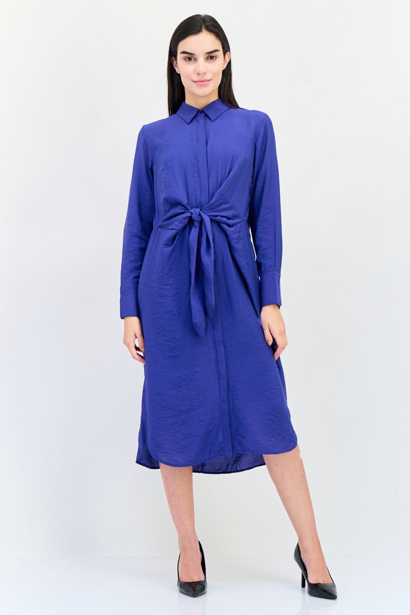 bebe Women Plain Tie Waist Midi Dress, Blue - Image 1