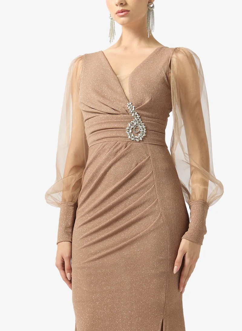 Fyor  Sheer Sleeve Sculpted Maxi Dress for Women | Best Price UAE