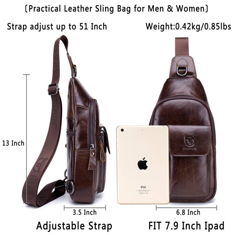 BULLCAPTAIN Mens Leather Crossbody Bag Shoulder Sling Bag Casual Daypacks Chest Bags for Travel Hiking Backpacks (Coffee) - Image 2