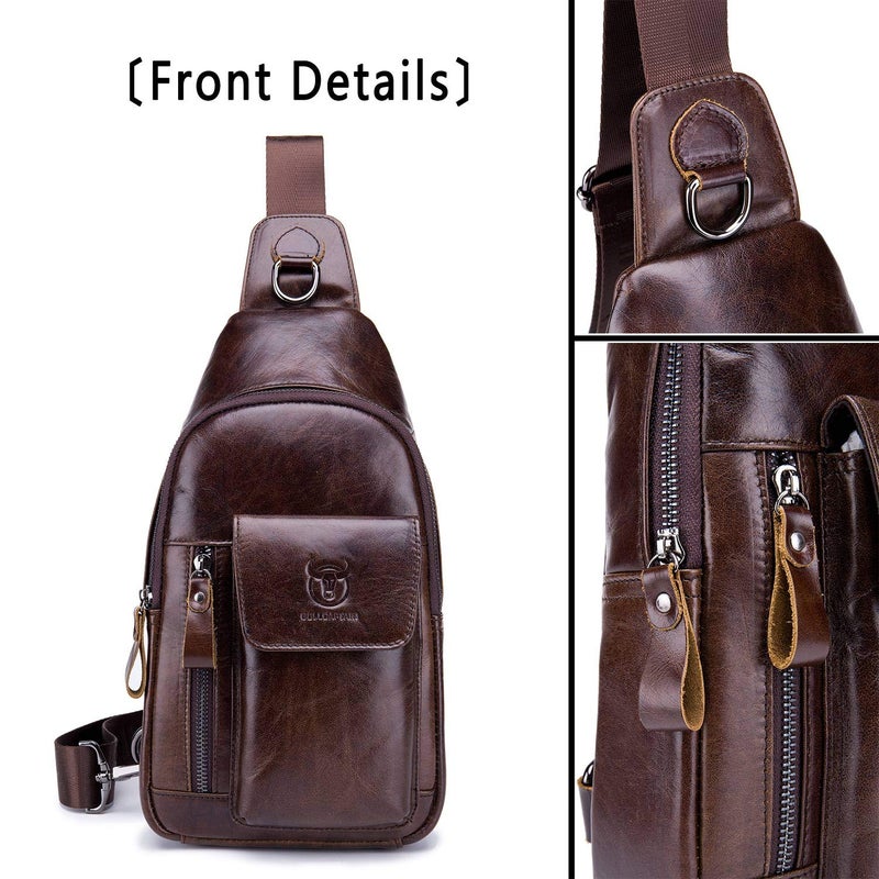 BULLCAPTAIN Mens Leather Crossbody Bag Shoulder Sling Bag Casual Daypacks Chest Bags for Travel Hiking Backpacks (Coffee) - Image 3