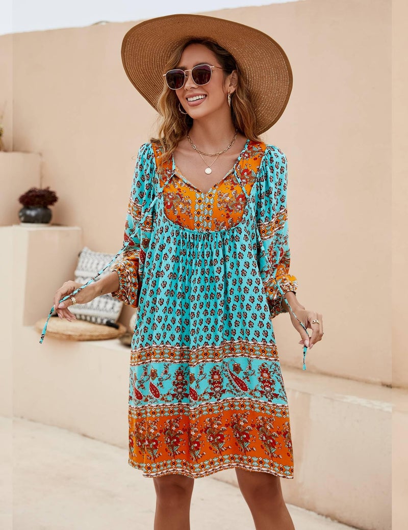 Bluetime Women Casual Summer Dress Boho V Neck 3/4 Sleeve Babydoll Floral Print Flowy Beach Dress (S, Neo Mint) - Image 4