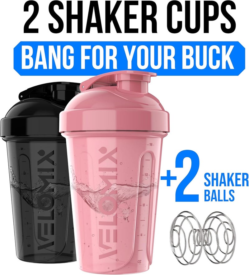 VELOMIX -2 Pack- 20 oz Protein Shaker Bottles for Protein Mixes - 2x Wire Whisk | Leak Proof Shaker Cups for Protein Shakes and Pre Workout | Protein Shaker Bottle Pack (A7) Pink/Black - Image 2