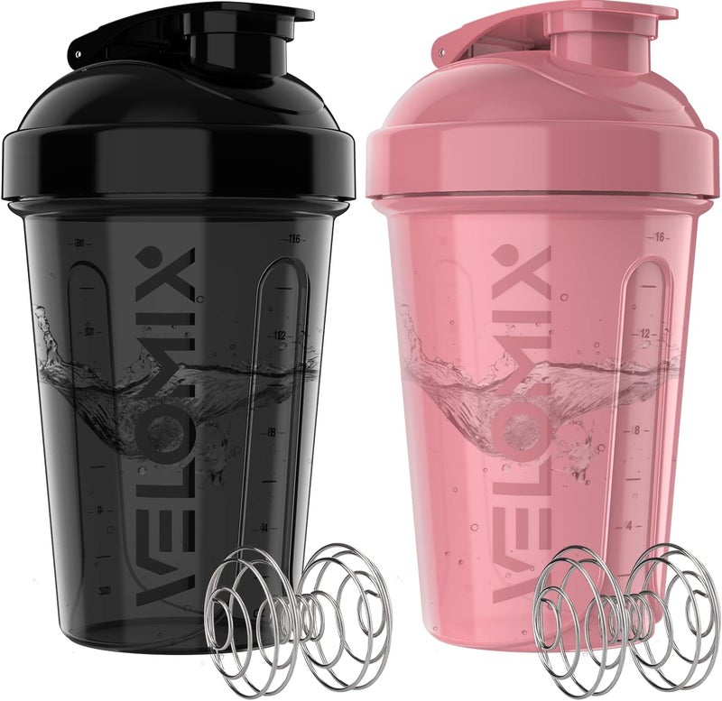 VELOMIX -2 Pack- 20 oz Protein Shaker Bottles for Protein Mixes - 2x Wire Whisk | Leak Proof Shaker Cups for Protein Shakes and Pre Workout | Protein Shaker Bottle Pack (A7) Pink/Black - Image 1