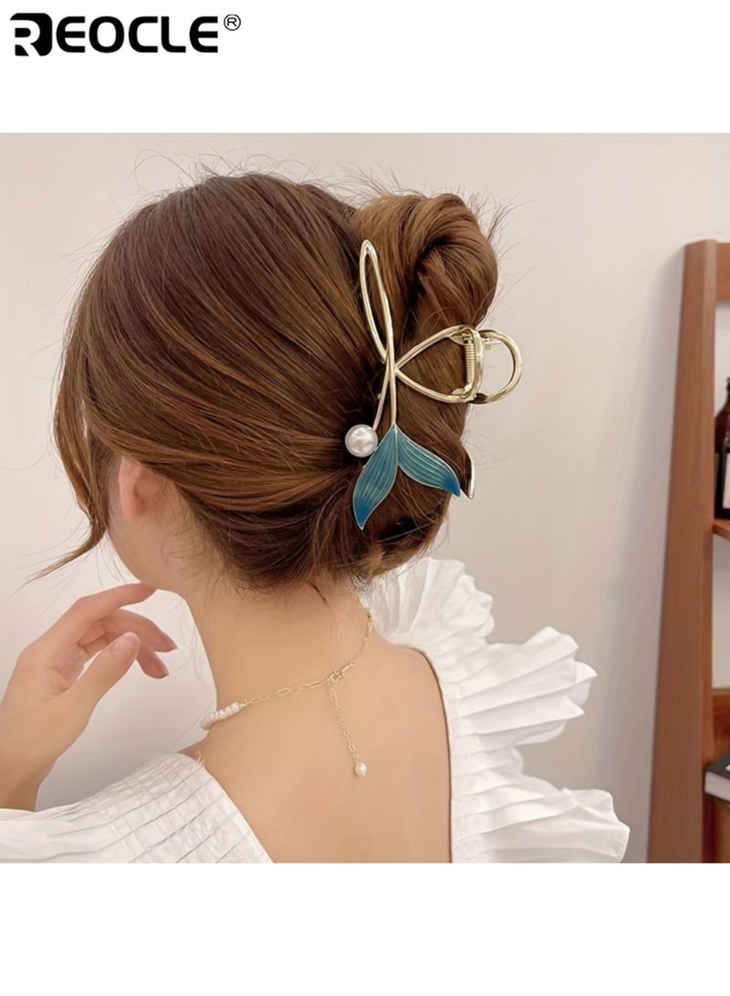 ريوكل مشبك شعر على شكل ذيل حورية البحر مع طبقة مزدوجة من الطلاء الكهربائي وهيكل من السبائك المعدنية، إكسسوار شعر نسائي بلمسة نهائية لامعة لحفلات الصيف - Image 1