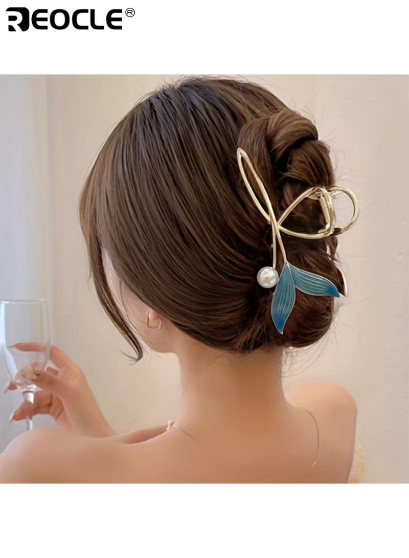 ريوكل مشبك شعر على شكل ذيل حورية البحر مع طبقة مزدوجة من الطلاء الكهربائي وهيكل من السبائك المعدنية، إكسسوار شعر نسائي بلمسة نهائية لامعة لحفلات الصيف - Image 5