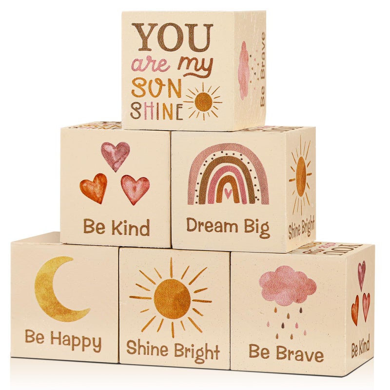 Vertintong 6 Pcs 16 Inch Inspirational Boho Rainbow Nursery Decor Baby Wooden Sun Clouds Rainbow Decor Wood Blocks Boho Rainbow Centerpiece Watercolor Shelf Decor for Nursery Bedroom Playroom Decor - Image 2