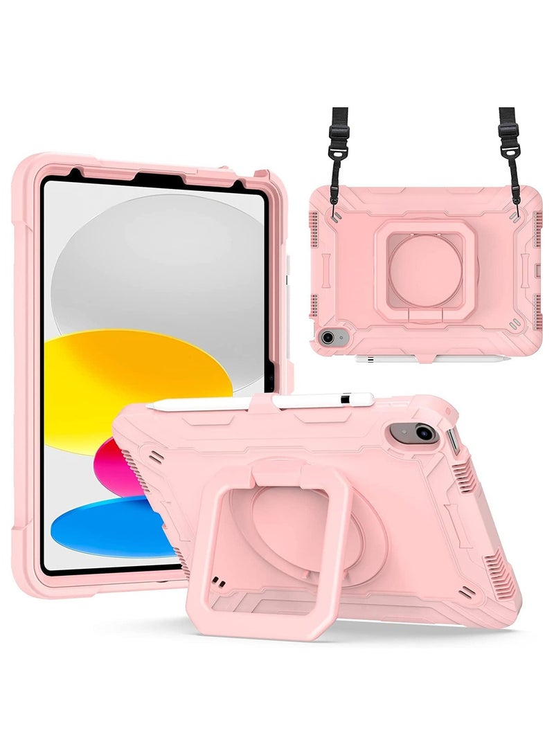 حافظة لجهاز iPad الجيل العاشر 10.9 بوصة 2022، حماية ثقيلة هجينة مضادة للصدمات مع قاعدة دوارة 360° مضادة للخدش، حافظة متينة للأطفال مع حامل قلم وحزام كتف (ذهبي وردي) - Image 1