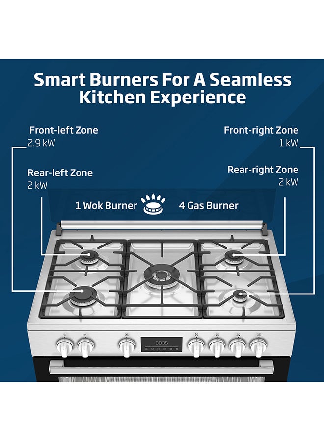 Beko 90x60cm Free Standing Combination Cooker(Gas Hob/Electric Oven), Full Safety, 4 High Efficiency Gas Burner(1 Wok), Cast Iron Pan support,  8 Cooking Multifunction Oven, Air Fryer Function, Dual Conventional Fan Oven, 108 liters Oven Capacity, Catalytic Self Cleaning Oven Walls, Removable Door Glass for Cleaning BGTW 11227 EXA Stainless Steel - Image 3