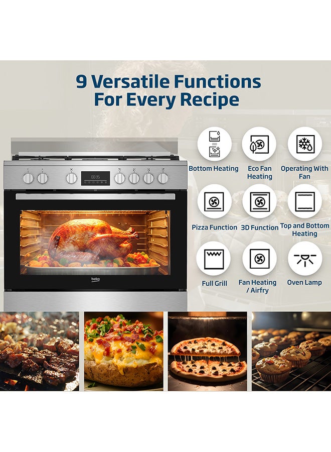 Beko 90x60cm Free Standing Combination Cooker(Gas Hob/Electric Oven), Full Safety, 4 High Efficiency Gas Burner(1 Wok), Cast Iron Pan support,  8 Cooking Multifunction Oven, Air Fryer Function, Dual Conventional Fan Oven, 108 liters Oven Capacity, Catalytic Self Cleaning Oven Walls, Removable Door Glass for Cleaning BGTW 11227 EXA Stainless Steel - Image 4