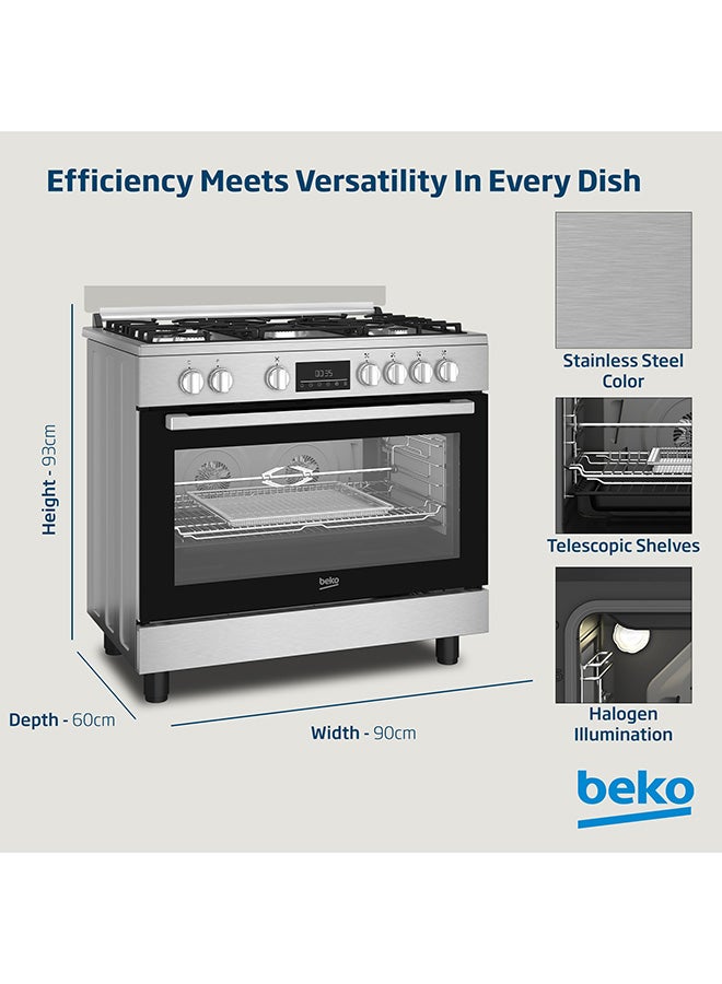 Beko 90x60cm Free Standing Combination Cooker(Gas Hob/Electric Oven), Full Safety, 4 High Efficiency Gas Burner(1 Wok), Cast Iron Pan support,  8 Cooking Multifunction Oven, Air Fryer Function, Dual Conventional Fan Oven, 108 liters Oven Capacity, Catalytic Self Cleaning Oven Walls, Removable Door Glass for Cleaning BGTW 11227 EXA Stainless Steel - Image 5
