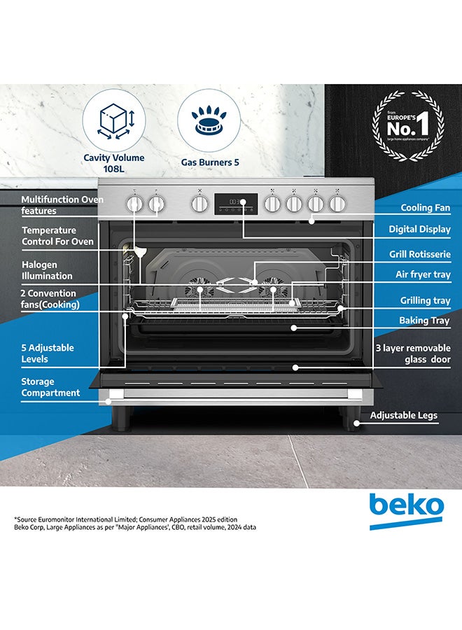 Beko 90x60cm Free Standing Combination Cooker(Gas Hob/Electric Oven), Full Safety, 4 High Efficiency Gas Burner(1 Wok), Cast Iron Pan support,  8 Cooking Multifunction Oven, Air Fryer Function, Dual Conventional Fan Oven, 108 liters Oven Capacity, Catalytic Self Cleaning Oven Walls, Removable Door Glass for Cleaning BGTW 11227 EXA Stainless Steel - Image 2