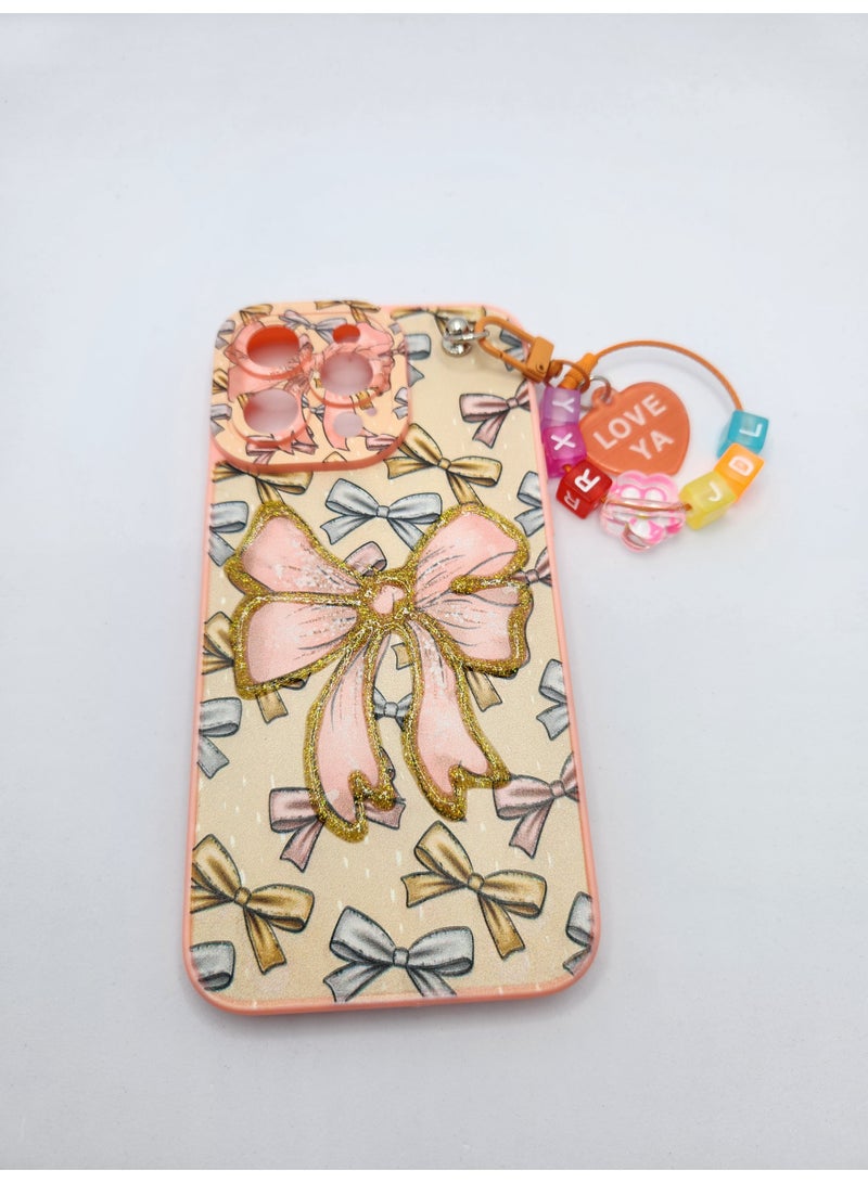 اكنور جراب بتصميم فيونكة لهاتف iPhone 15 Pro Max مع حزام يد وسحر - غطاء واقٍ لامع - Image 1