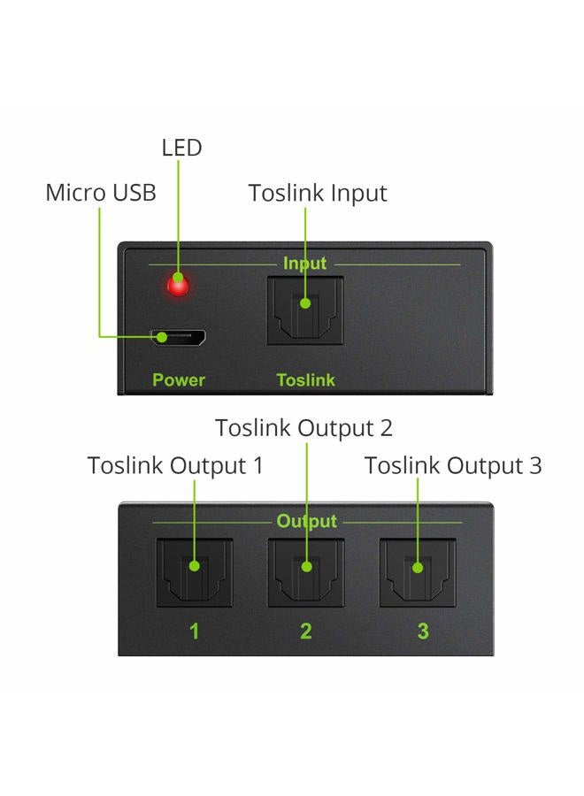 LiNKFOR 3 Port Toslink Splitter with 4pcs 6ft Optical Cable Digital Optical Audio Splitter Aluminum Alloy SPDIF Toslink Fiber Audio Splitter 1 in 3 Out Support Dolby-AC3 DTS for PS3 DVD HDTV - Image 2