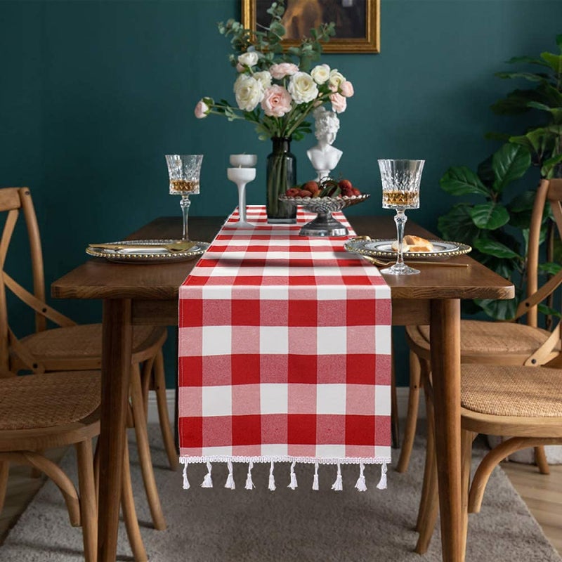 دوباو Duobao Buffalo Plaid Table Runner 14x108 بوصة الجداول الأحمر والأبيض المتسابقين مع زخارف عيد الميلاد الزخار - Image 4