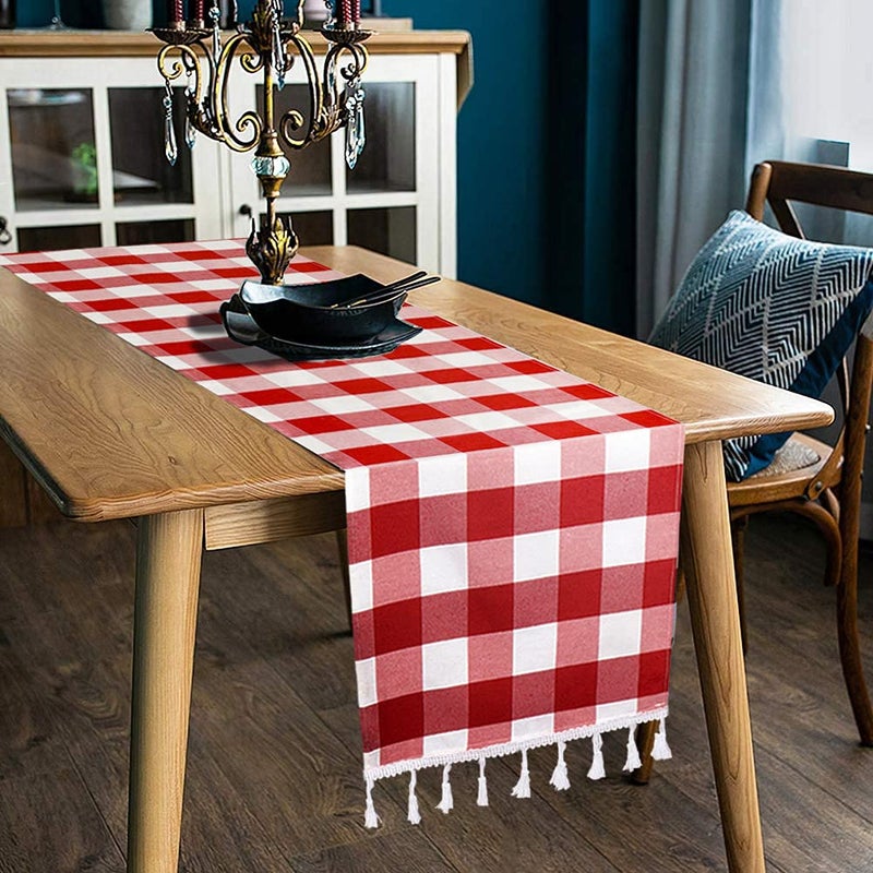 دوباو Duobao Buffalo Plaid Table Runner 14x108 بوصة الجداول الأحمر والأبيض المتسابقين مع زخارف عيد الميلاد الزخار - Image 1