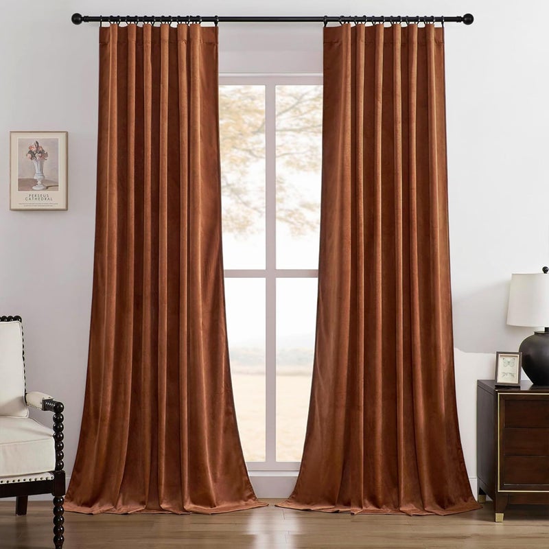 Timeper Burnt Orange Pleat Back Tab Velvet Curtains W52 x L84 inches 2 Panels Room Darkening Solid Home Decor Curtains for Bedroom Living Dining Room Thermal Insulated Luxury Super Soft Window Drapes