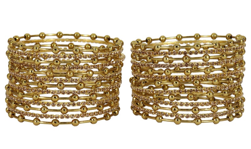 NMII Metal Zircon Diamond Stone & Balls Studded Stylish Bangles Set for Women & Girls | Golden Chudi Set of 2 | (NAB88-Gold-2.8) - Image 2