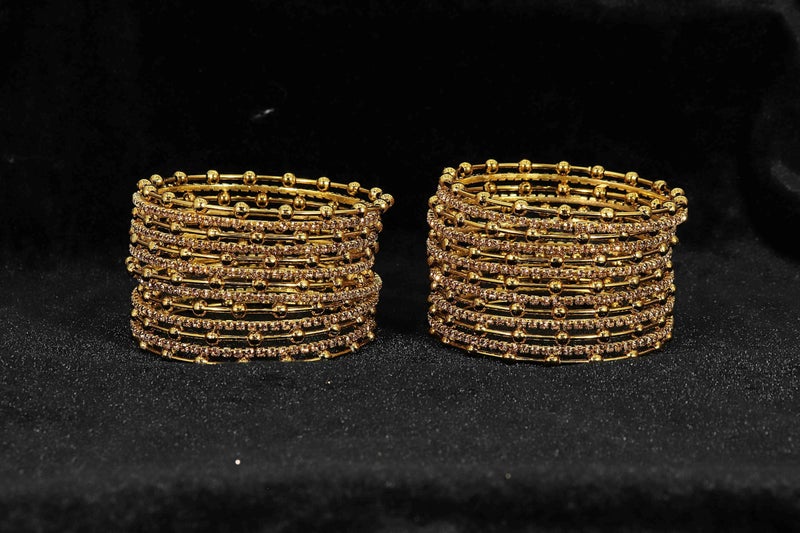 NMII Metal Zircon Diamond Stone & Balls Studded Stylish Bangles Set for Women & Girls | Golden Chudi Set of 2 | (NAB88-Gold-2.8) - Image 4