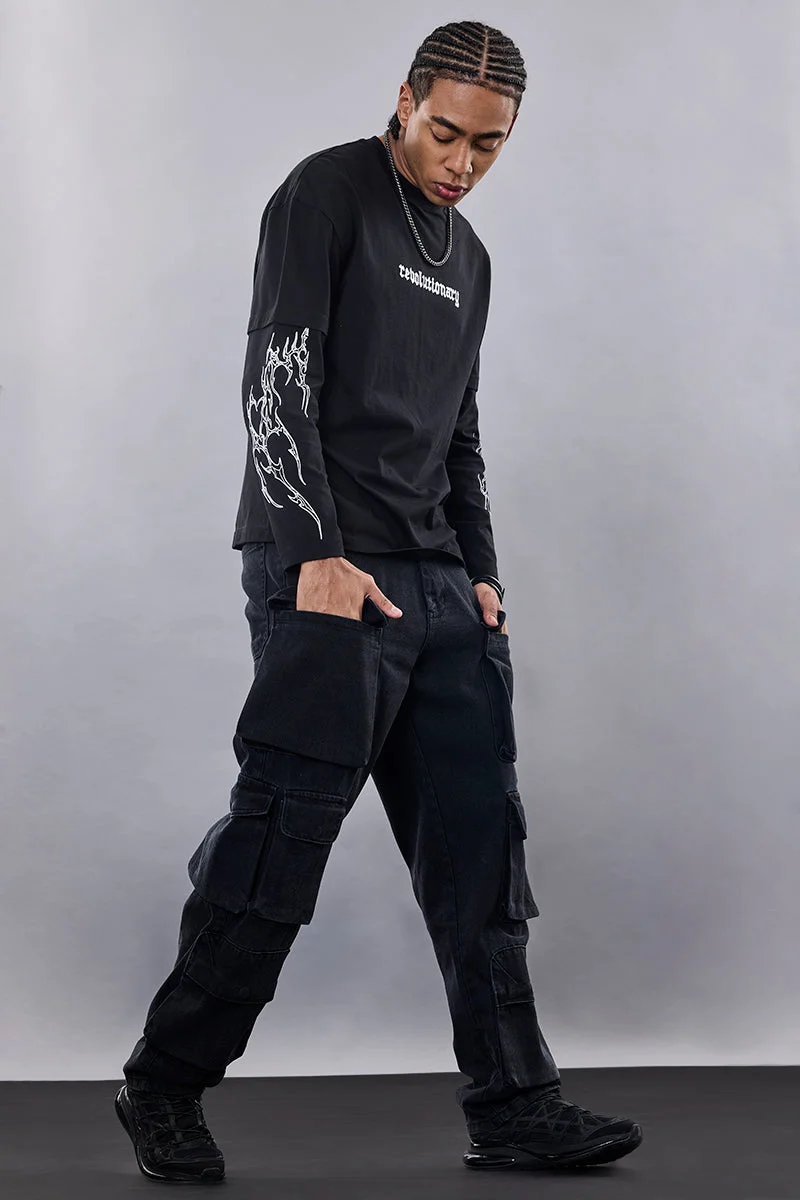 Snitch Black Snitch Revolution Black Baggy Fit 12 Pocket Cargo Jeans for Men | Best Price UAE