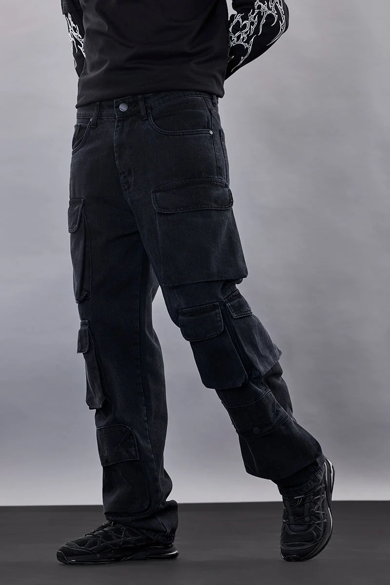 Snitch Black Snitch Revolution Black Baggy Fit 12 Pocket Cargo Jeans for Men | Best Price UAE