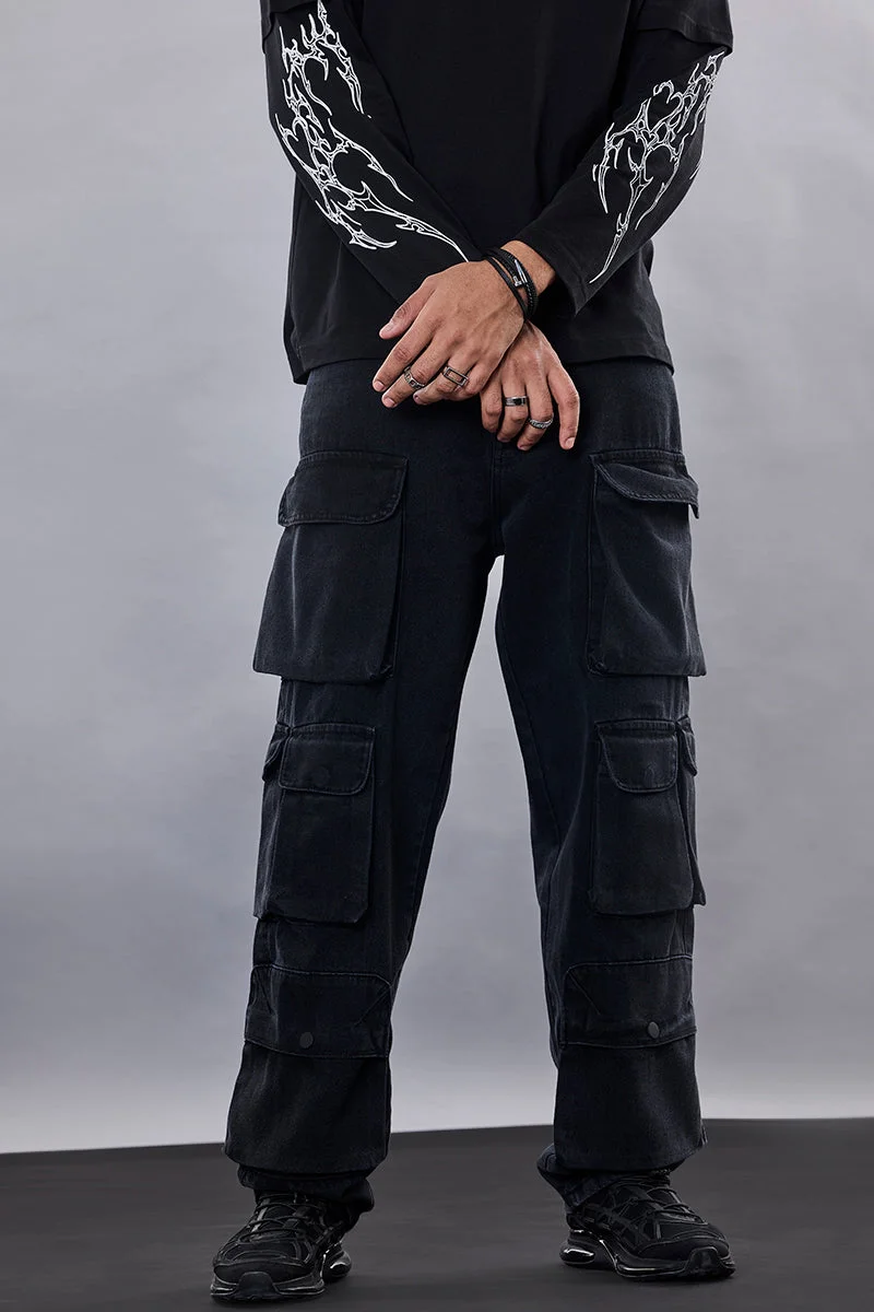 SNITCH جينز كارغو فضفاض بـ  جيب من سنيتش ريفوليوشن أسود