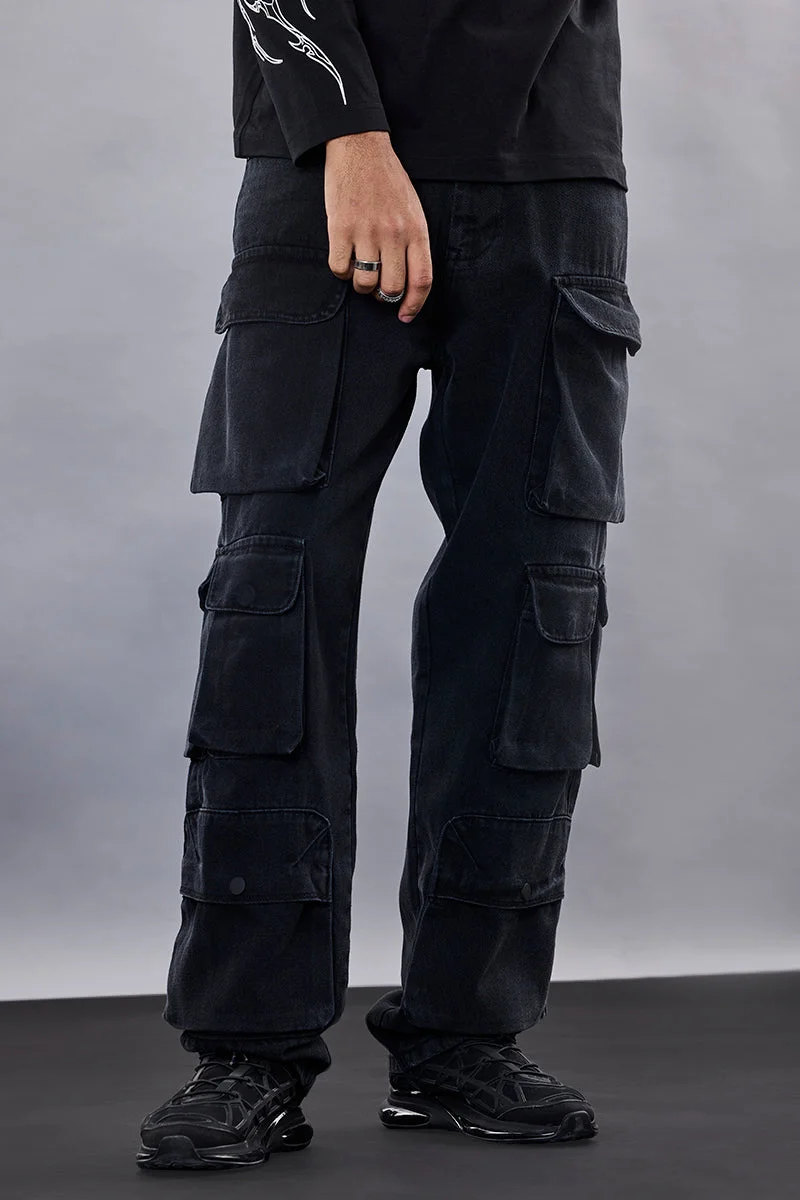 Snitch Black Snitch Revolution Black Baggy Fit 12 Pocket Cargo Jeans for Men | Best Price UAE