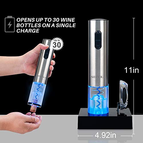 Secura Electric Wine Opener, Automatic Electric Wine Bottle Corkscrew Opener with Foil Cutter, Rechargeable (Stainless Steel) - Image 4