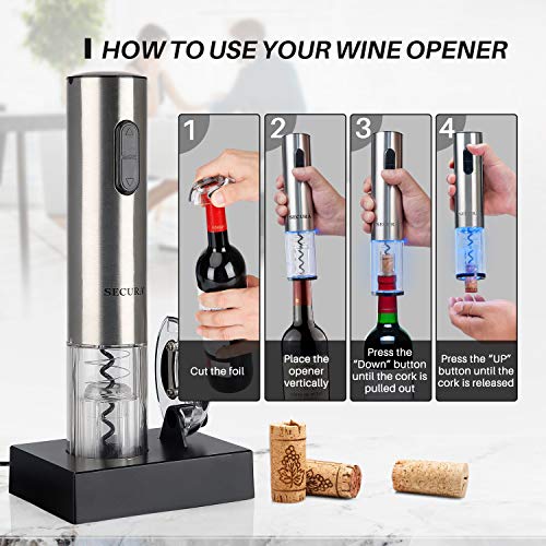 Secura Electric Wine Opener, Automatic Electric Wine Bottle Corkscrew Opener with Foil Cutter, Rechargeable (Stainless Steel) - Image 3