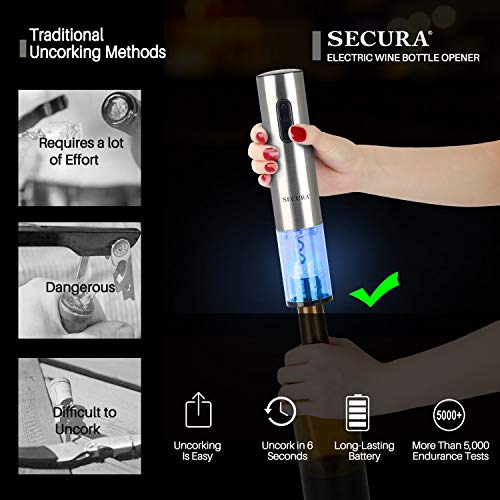 Secura Electric Wine Opener, Automatic Electric Wine Bottle Corkscrew Opener with Foil Cutter, Rechargeable (Stainless Steel) - Image 2