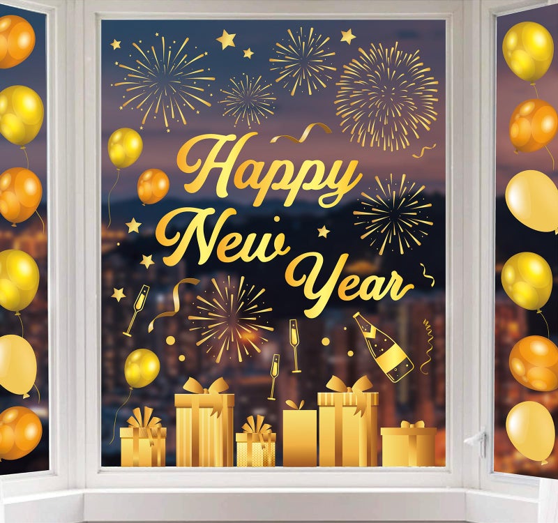 Whaline 6 Sheets New Year Window Clings New Years Eve Window Decal Champagne Firework DoubleSided Golden Yellow Window Stickers Reusable for Home School Office Decor