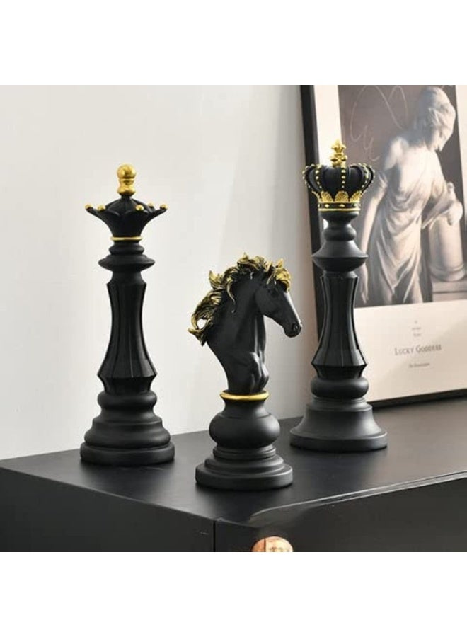 3 Pcs Chess Pieces Sculpture Set, King Queen Knight Decorative Statues, Black with Gold - Image 1
