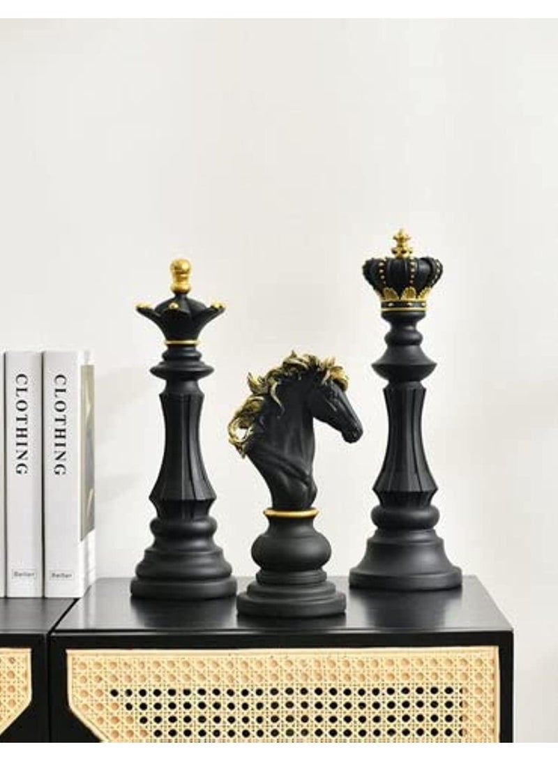 3 Pcs Chess Pieces Sculpture Set, King Queen Knight Decorative Statues, Black with Gold - Image 2