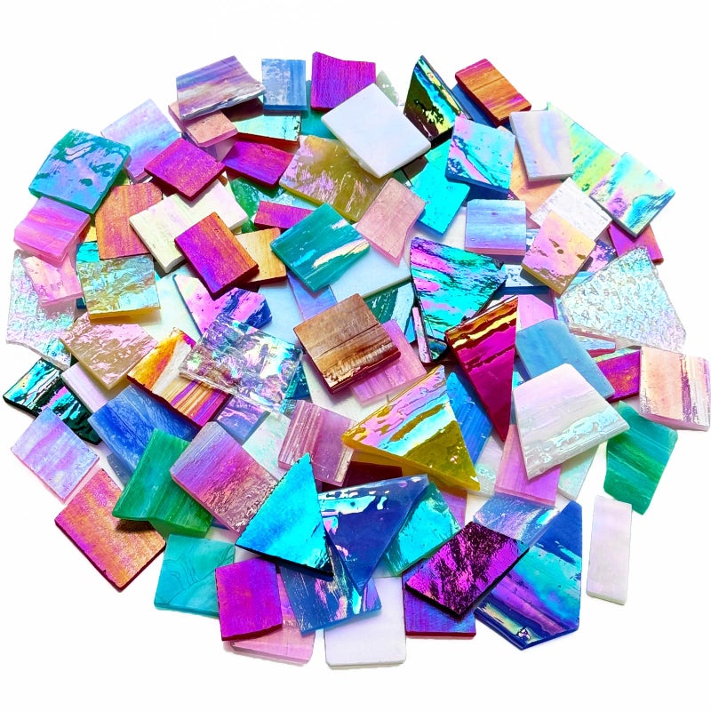 PALJOLLY PALJOLLY Iridescent Mosaic Glass Pieces Stained Glass Sheet Scraps for Crafts Mosaic Tiles Supplies Kit Variety of Rainbow Iridized Colors and Shapes 35oz Value Pack 