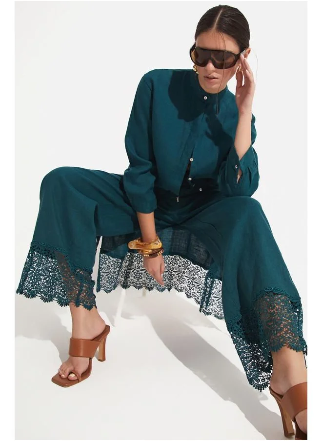 JUNE June Women Exclusive 100% Linen Wide Leg Lace Detailed Trousers Teal