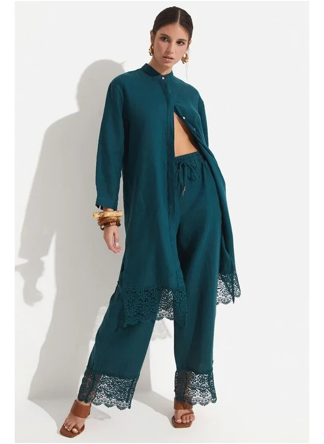 JUNE June Women Exclusive 100% Linen Wide Leg Lace Detailed Trousers Teal